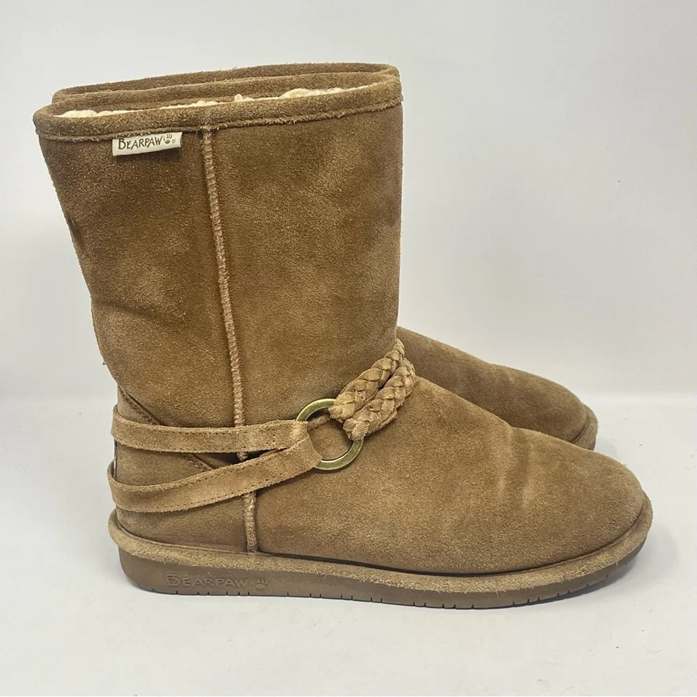 BearPaw Adele Boots Womens 9 Brown Tan Suede Fur Lined Mid Calf Braided Strap - Picture 1 of 16